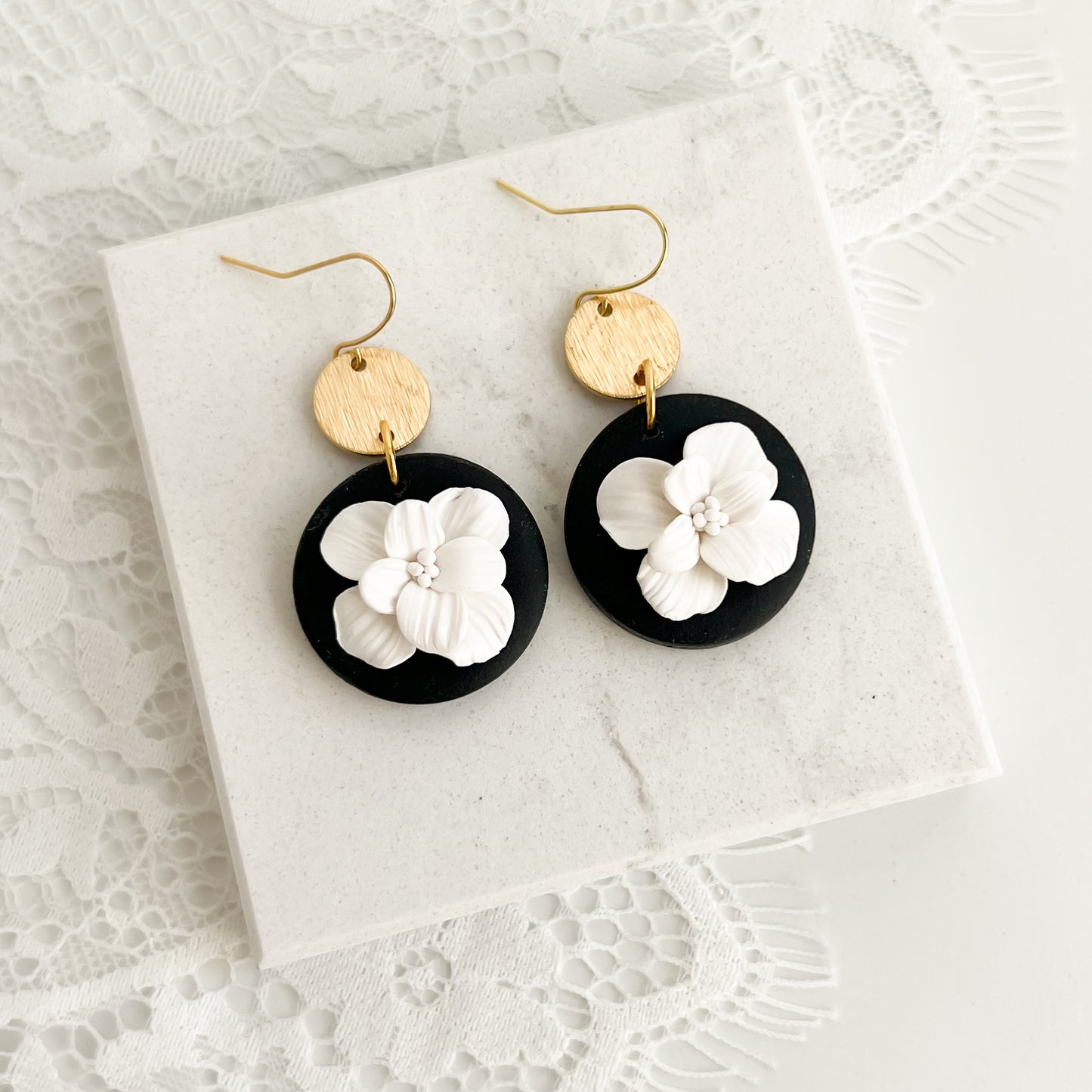 Vintage Floral Drop Earrings in Black