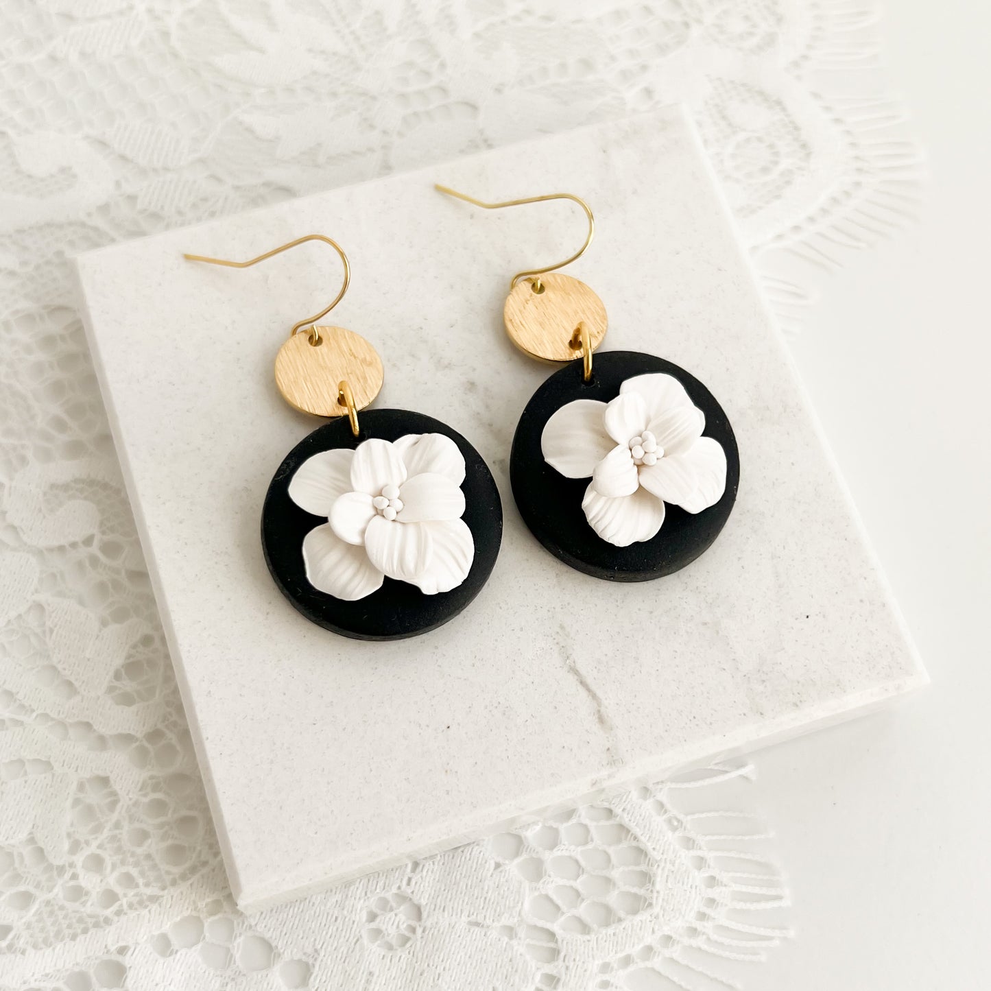 Vintage Floral Drop Earrings in Black